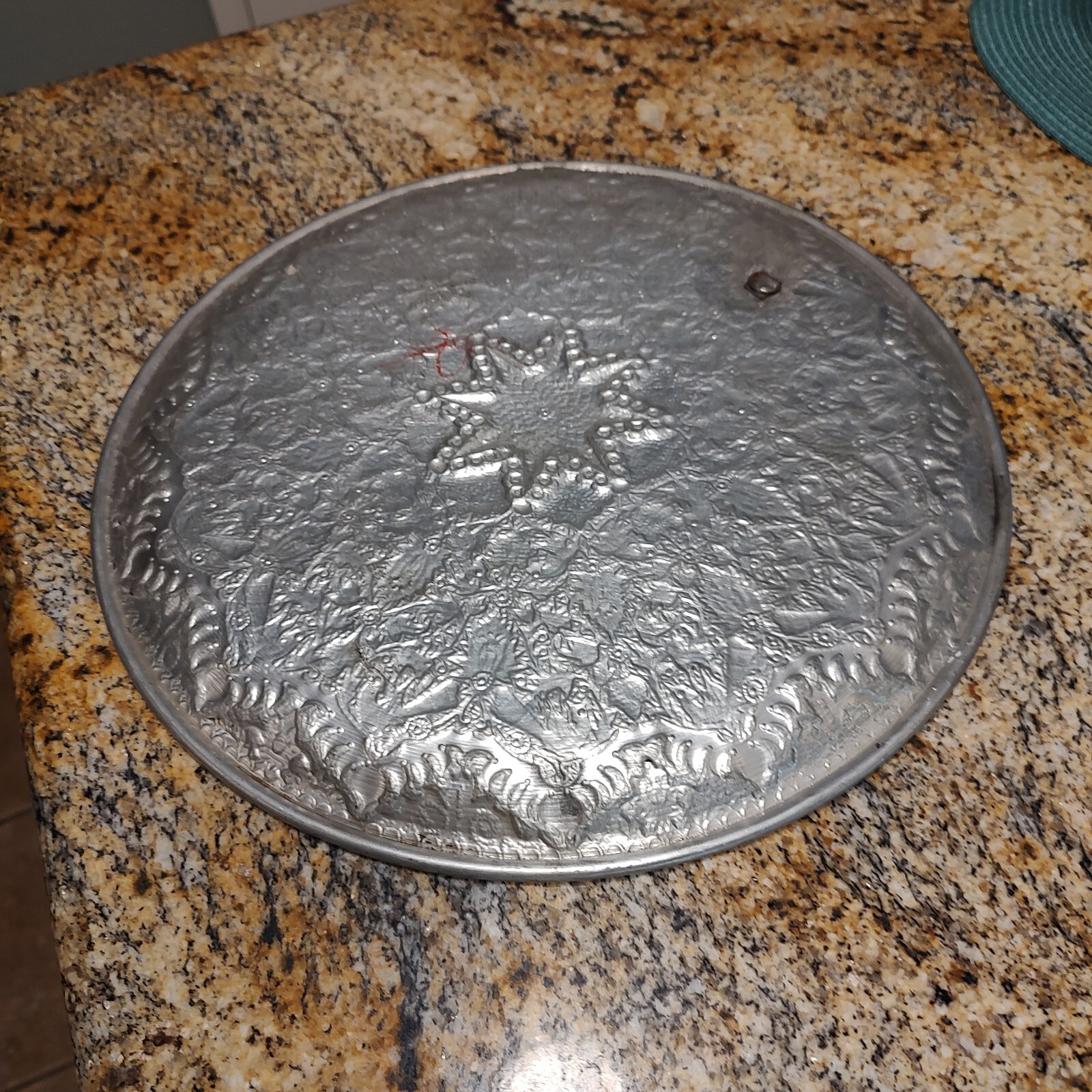 Vintage Handmade Vintage Middle Eastern Round Silver Tray  Floral Design