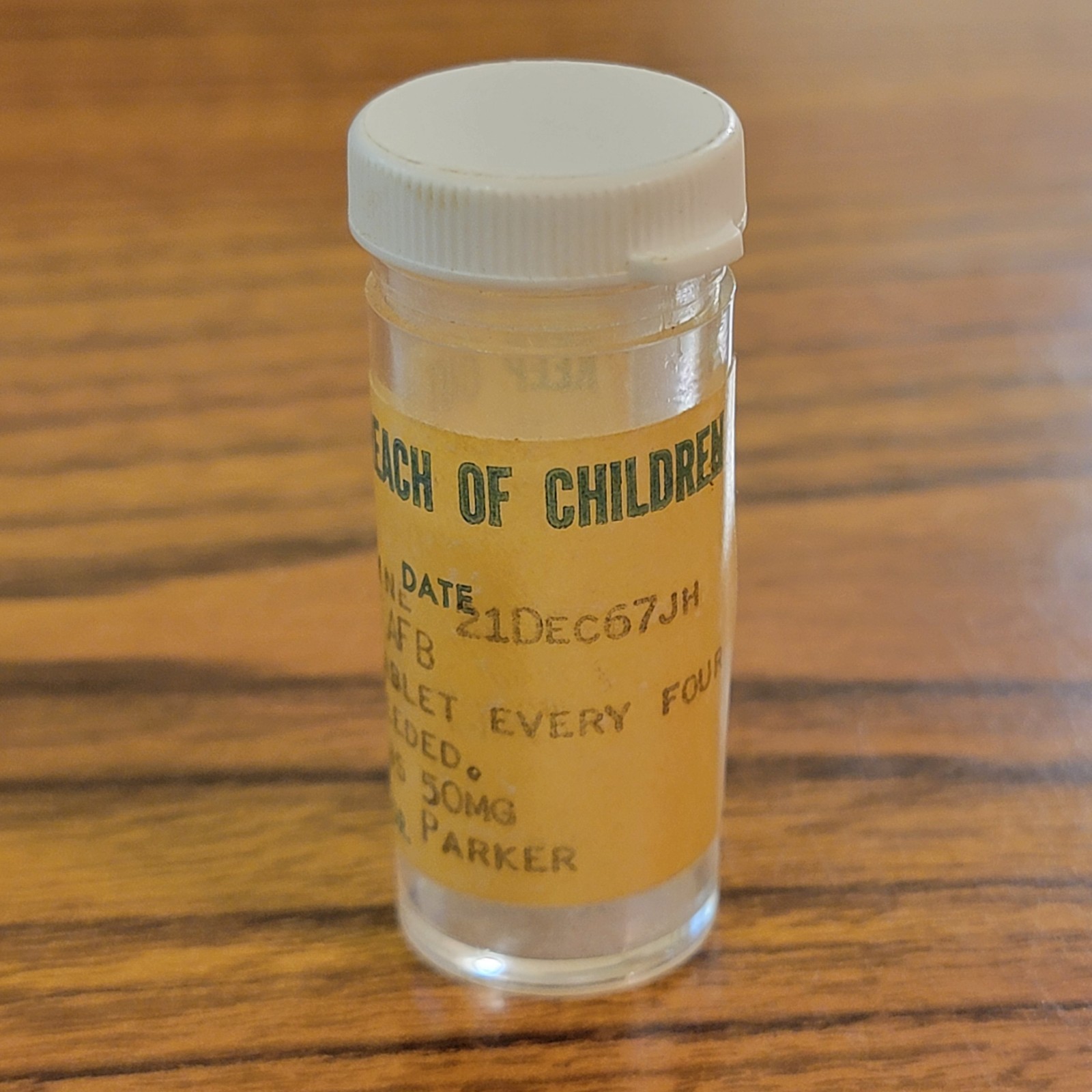 Vintage Pill Bottle 1967 Clear Plastic With Label Great Condition Very Rare