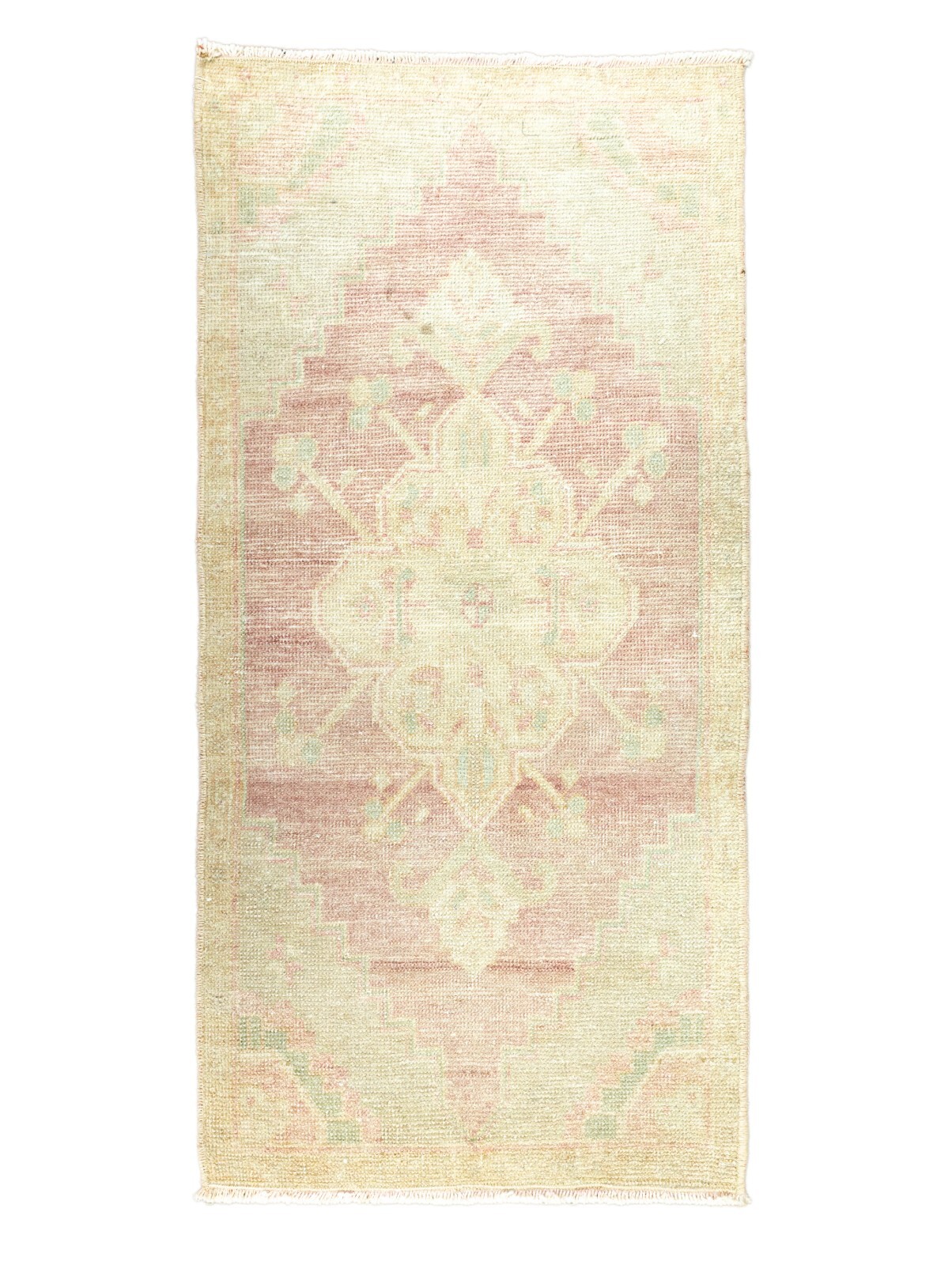 Vintage Handmade Turkish Oushak Wool Mat Rug 1’7″ × 3’5″ ft – Soft Rose Green
