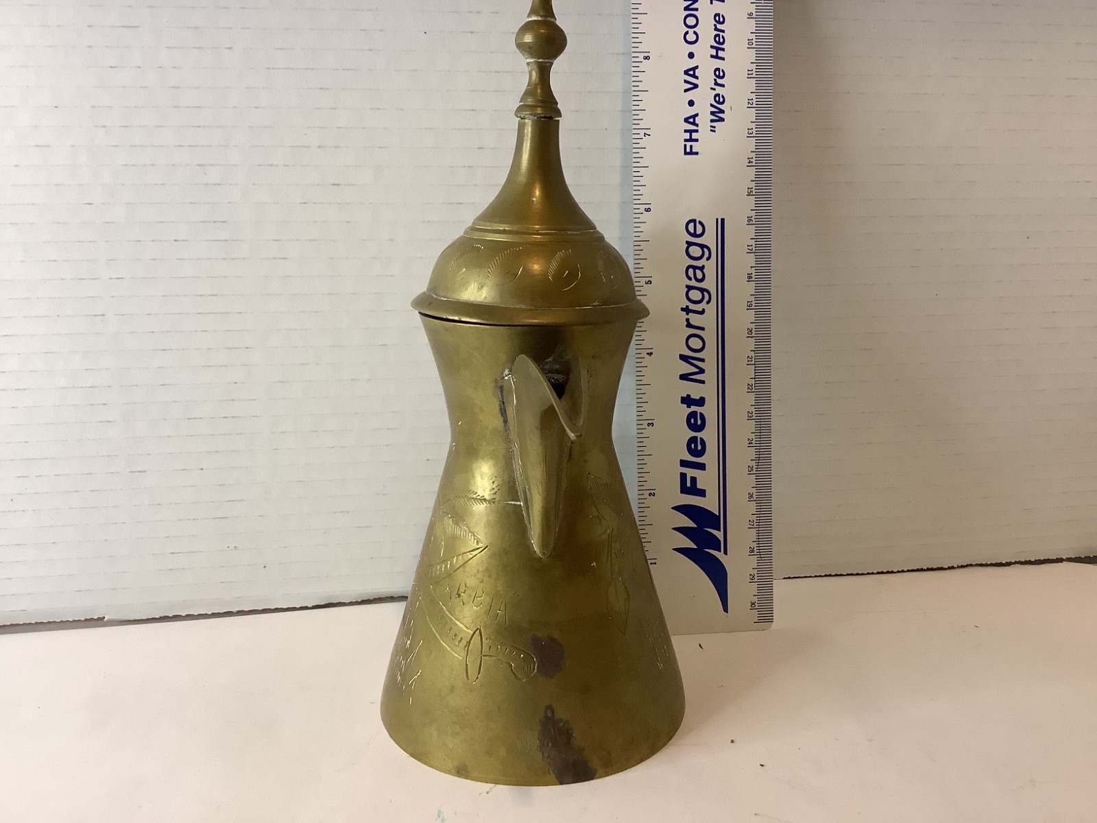 Dallah Coffee Tea Pot Saudi Arabia Etched Floral Swords Palm Vintage Brass