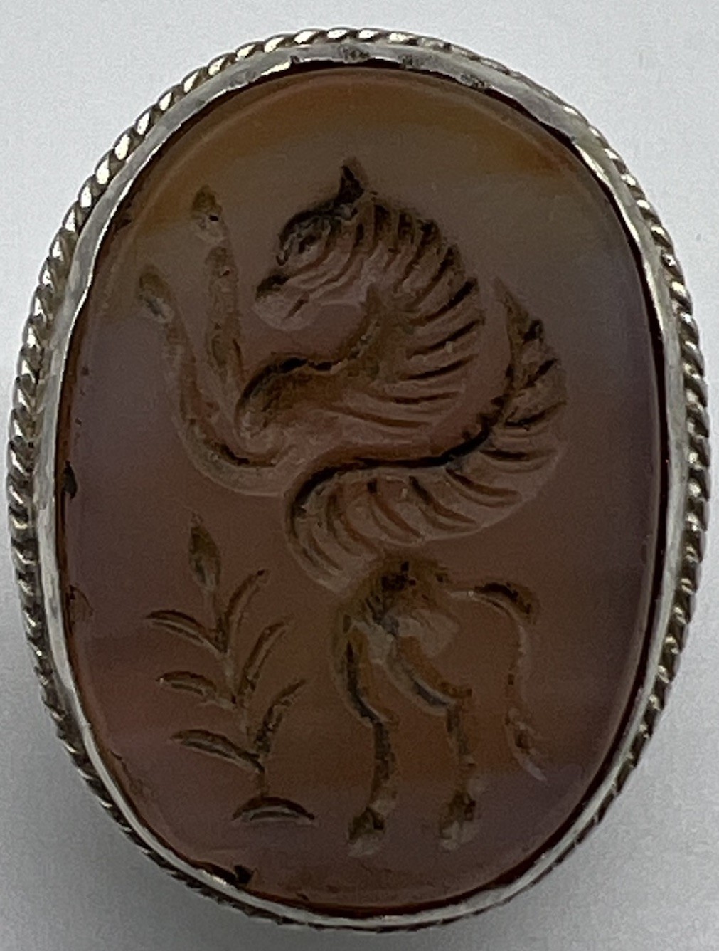 Ancient Eastern Agate Seal Hand Made Silver Signet Stamp Pegasus Intaglio Carved