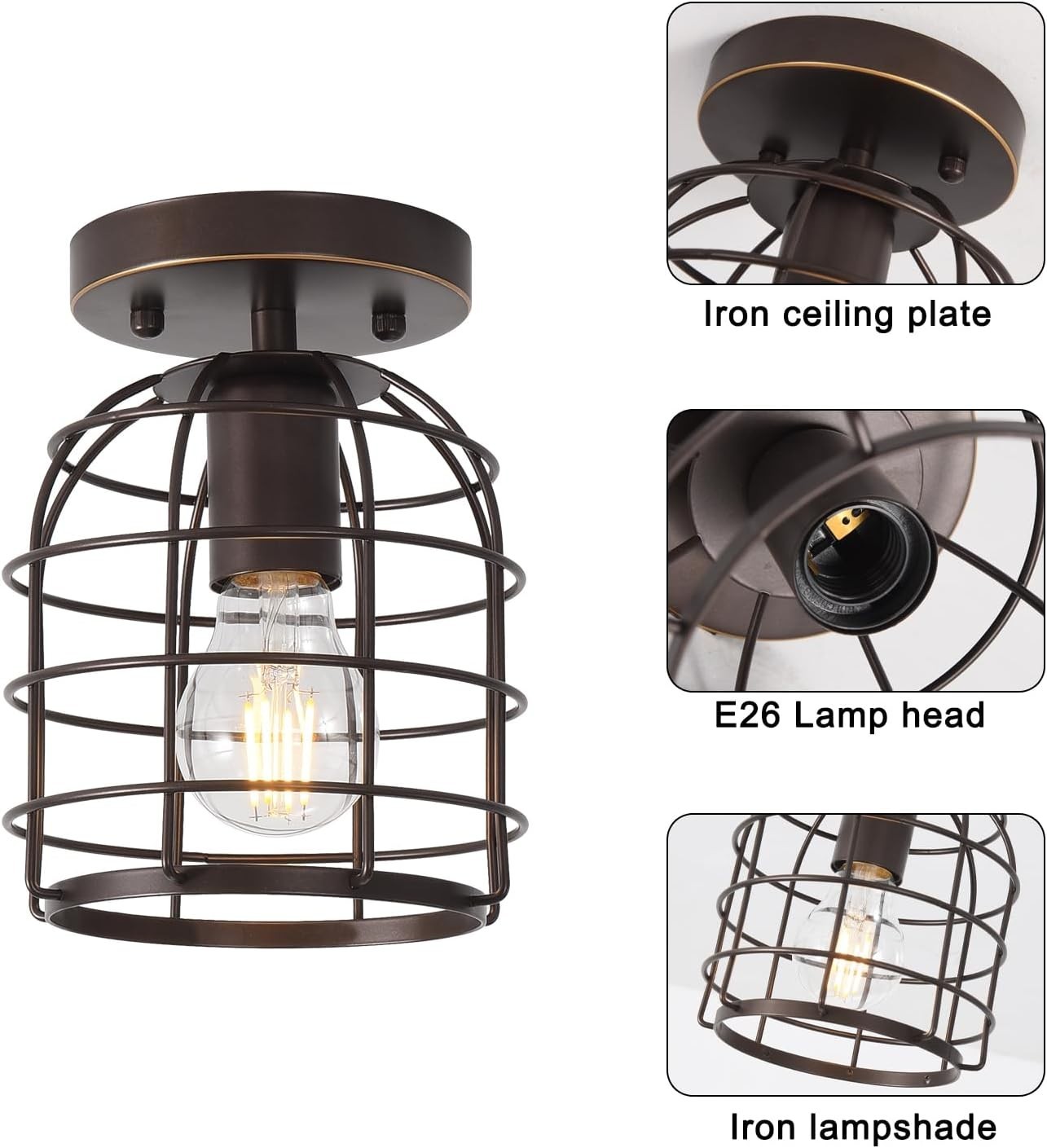 Rustic Semi Flush Mount Ceiling Light Fixture, 6.3″ Diameter for Warm Ambiance