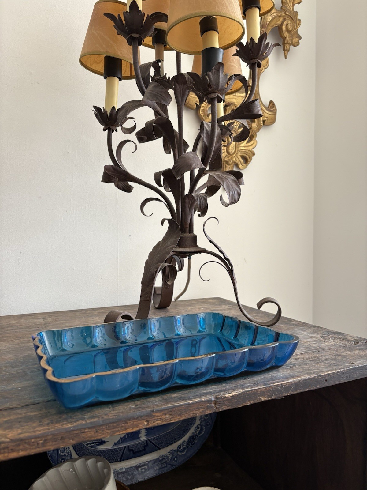 A French Art Deco, Blown Cobalt Blue Glass Tray, Gilt Scallop Edge C1920s, 33cm