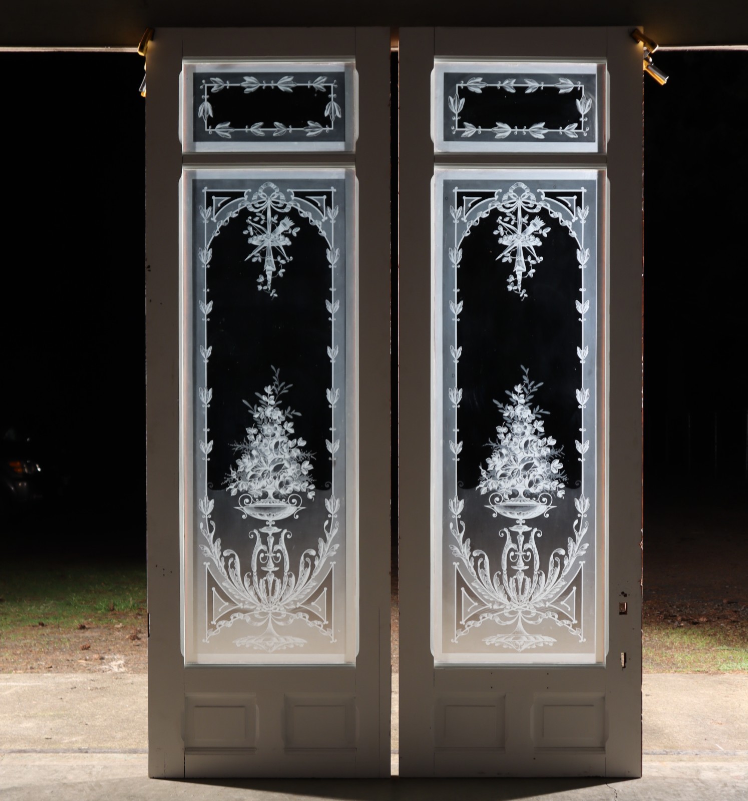 87″ Tall Pair of Antique French Etched Glass Windows Frosted Glass with Flowers