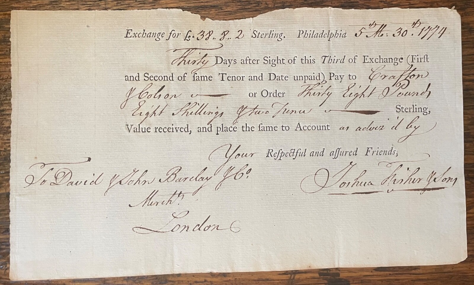 1774 PHILADELPHIA PA MANUSCRIPT FINANCE TRADE DAVID BARCLAY FISHER EXCHANGE