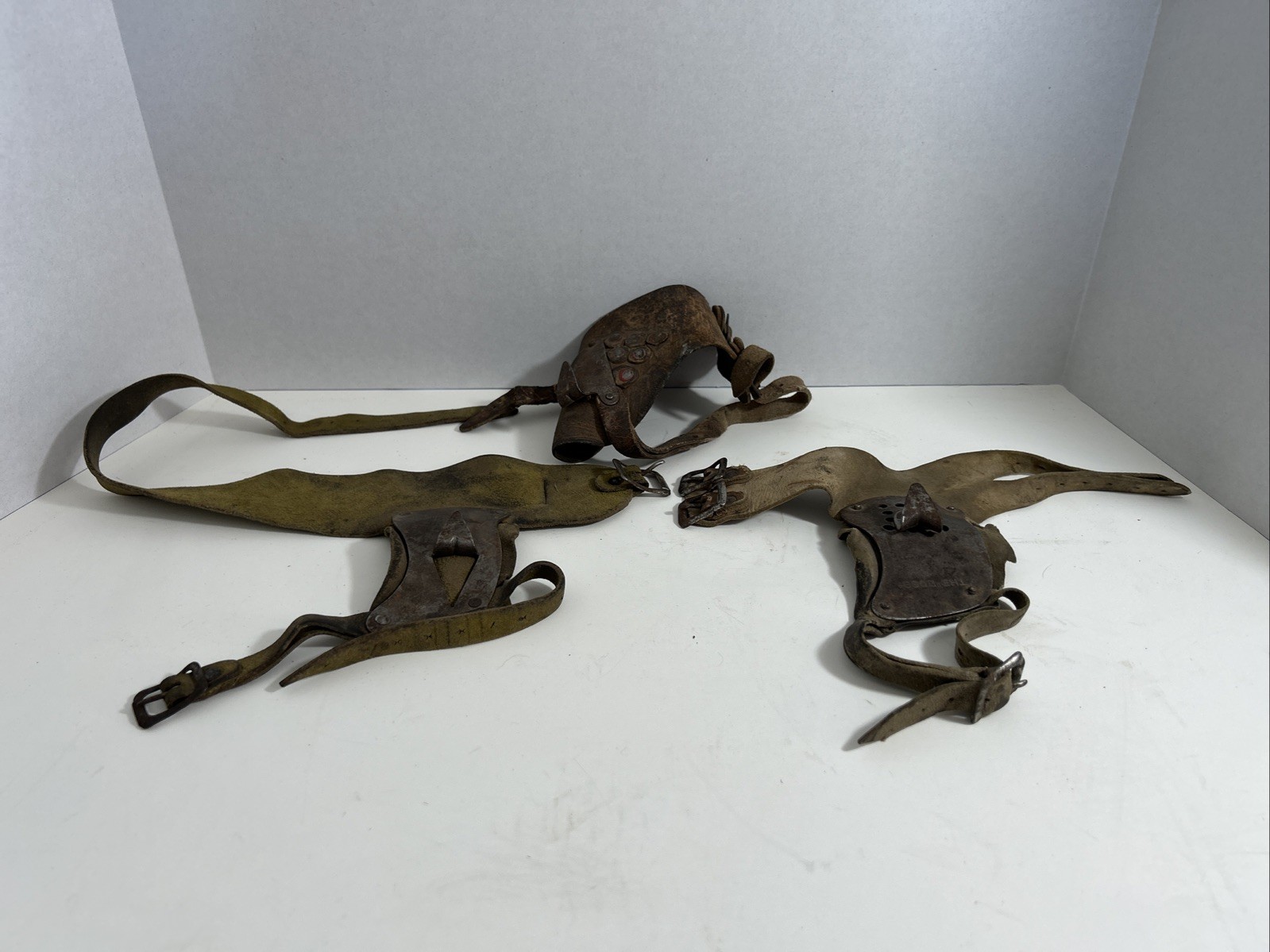 3 Antique Primitive Corn Husker Shucker Hand Farm Tool Metal Leather Vintage lot