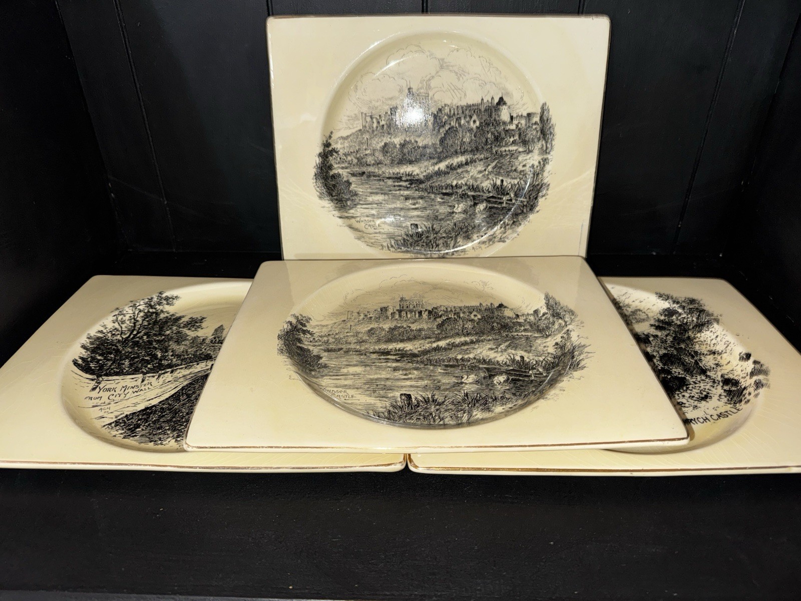 Clarice Cliff Biarritz Black Transfer Ware Rectangular Plates (4)