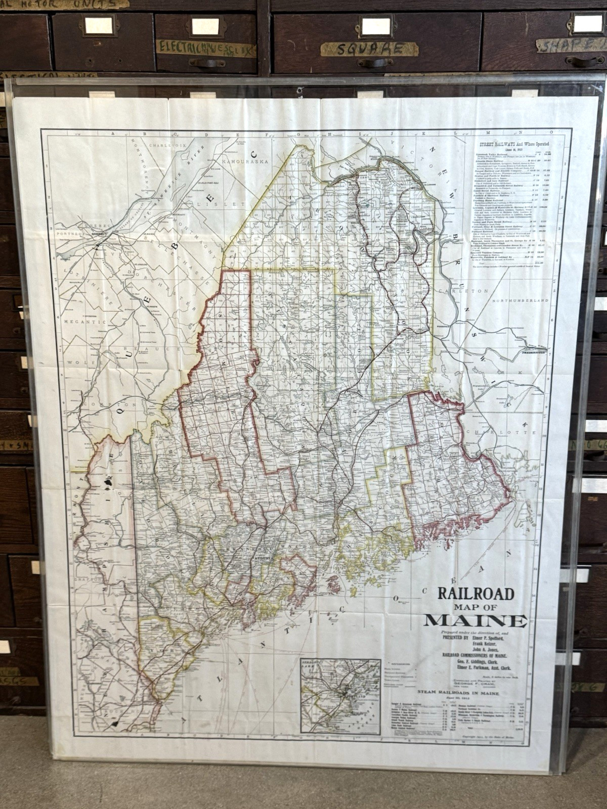 1913 RAILROAD Map of MAINE 44×34″ Steam & Street RR Lines, Engraver George Cram