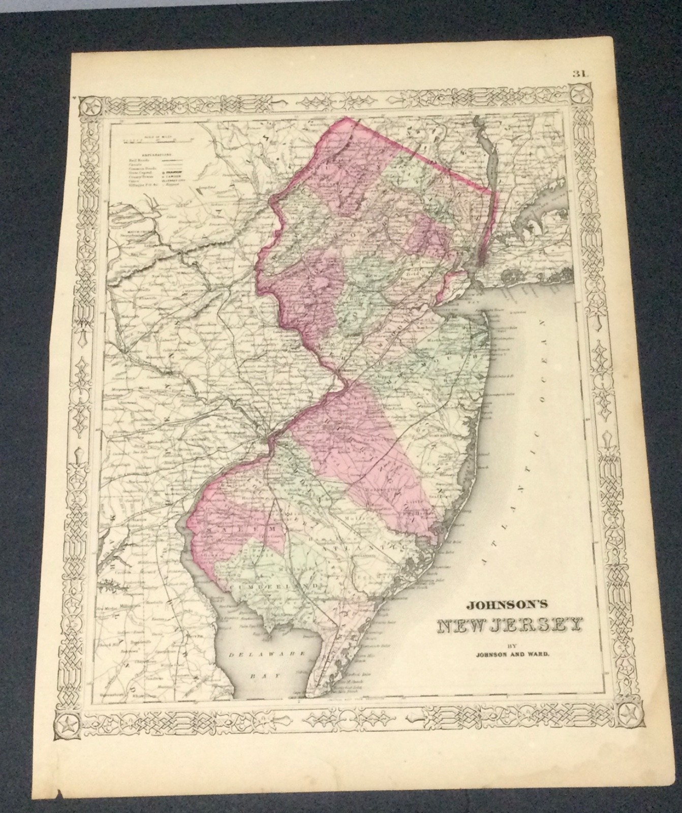 1864 New Jersey U.S. map Johnson’s Atlas Hand-colored