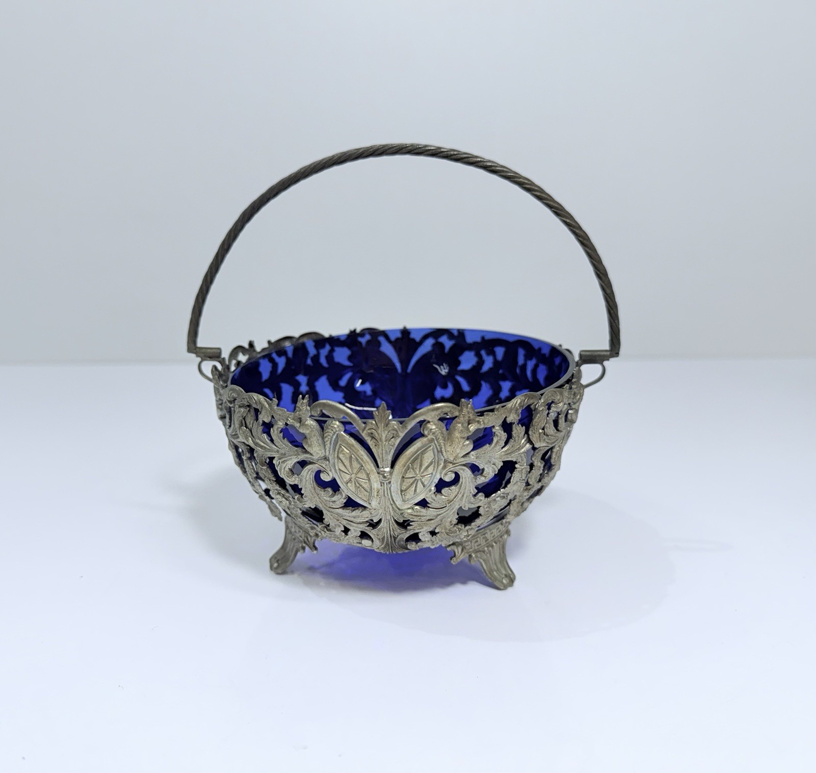 Antique Silverplate Footed Nut Dish With Squirrels Eating Nuts Cobalt Blue Bowl