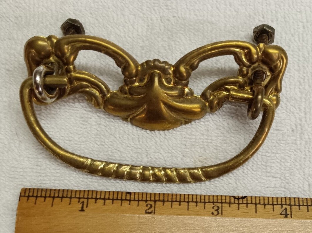 CAST BRASS HANDLE, STAMPED BRASS BACKPLATE DRAWER PULL, NEW OLD STOCK NEVER USED
