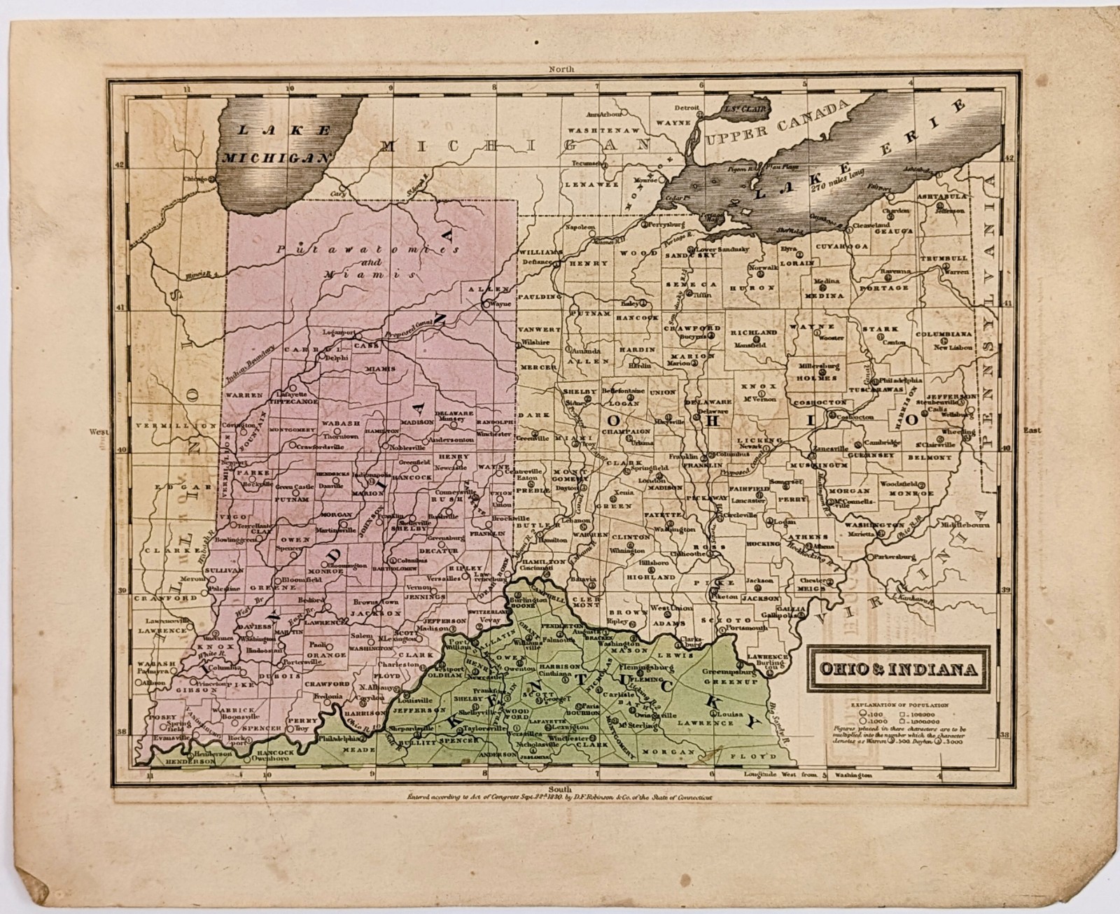 1830 Ohio ~ Indiana ~ Kentucky Map ORIGINAL Robinson Olney EXRARE