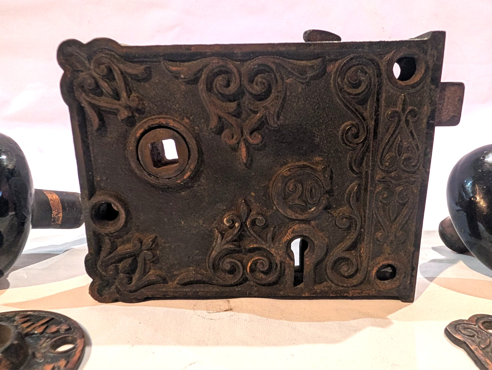 Antique Simmons Hardware Co. “Royal” Hardware Rim Lock with Ceramic Black Knobs