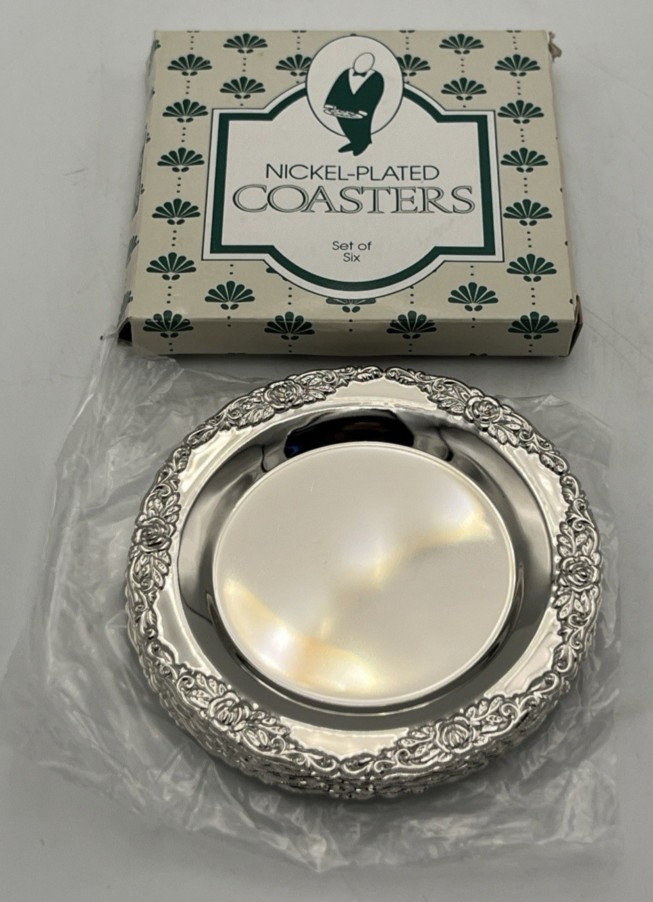 Nickel Plated Coasters Set Of 6 With Original Box Floral Design