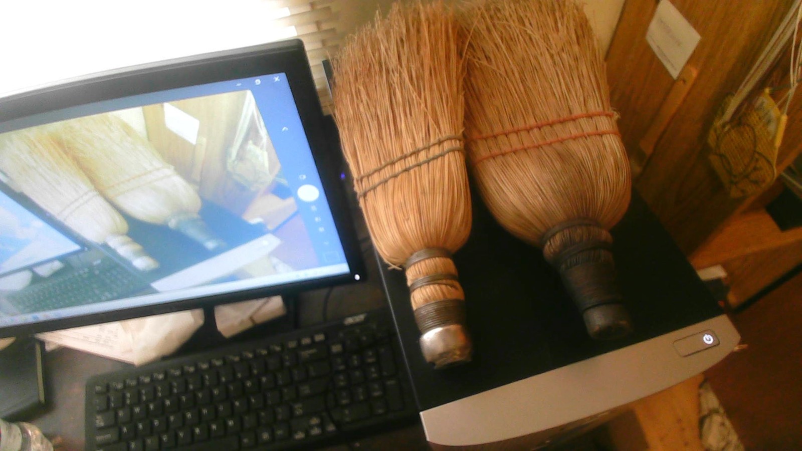 2 Vintage Straw Whisk Hand Brooms Wire Wrap Corn Straw Steel CLEAN