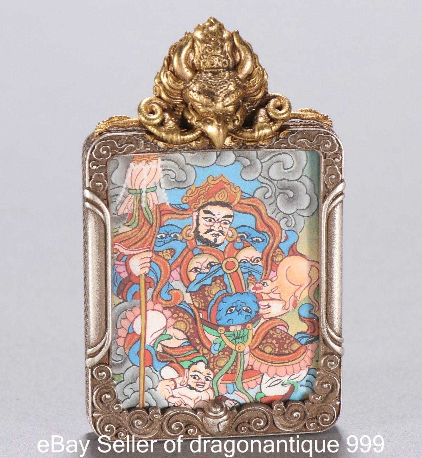 3″ Old Chinese Bronze Silver Gold Vaishravana On Lion Protector Deity Tangka