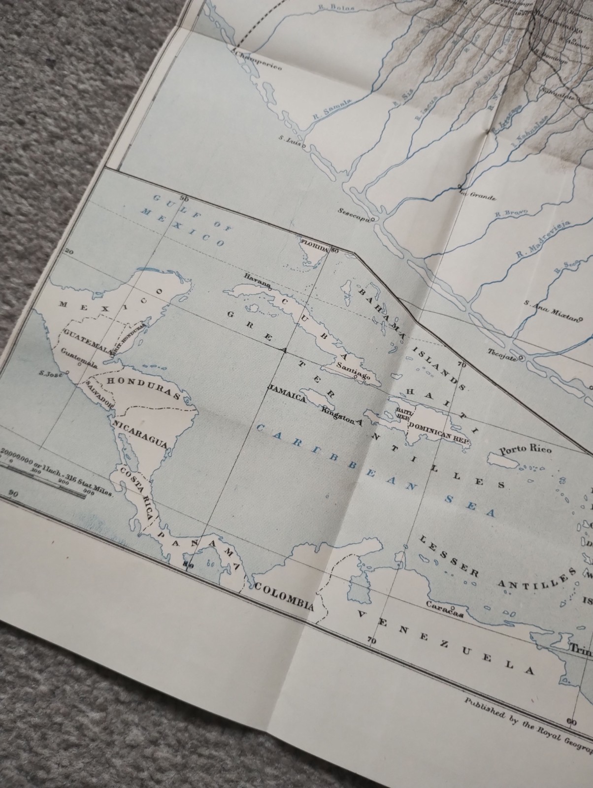 1908 Original Antique Map Showing Part of Guatemala