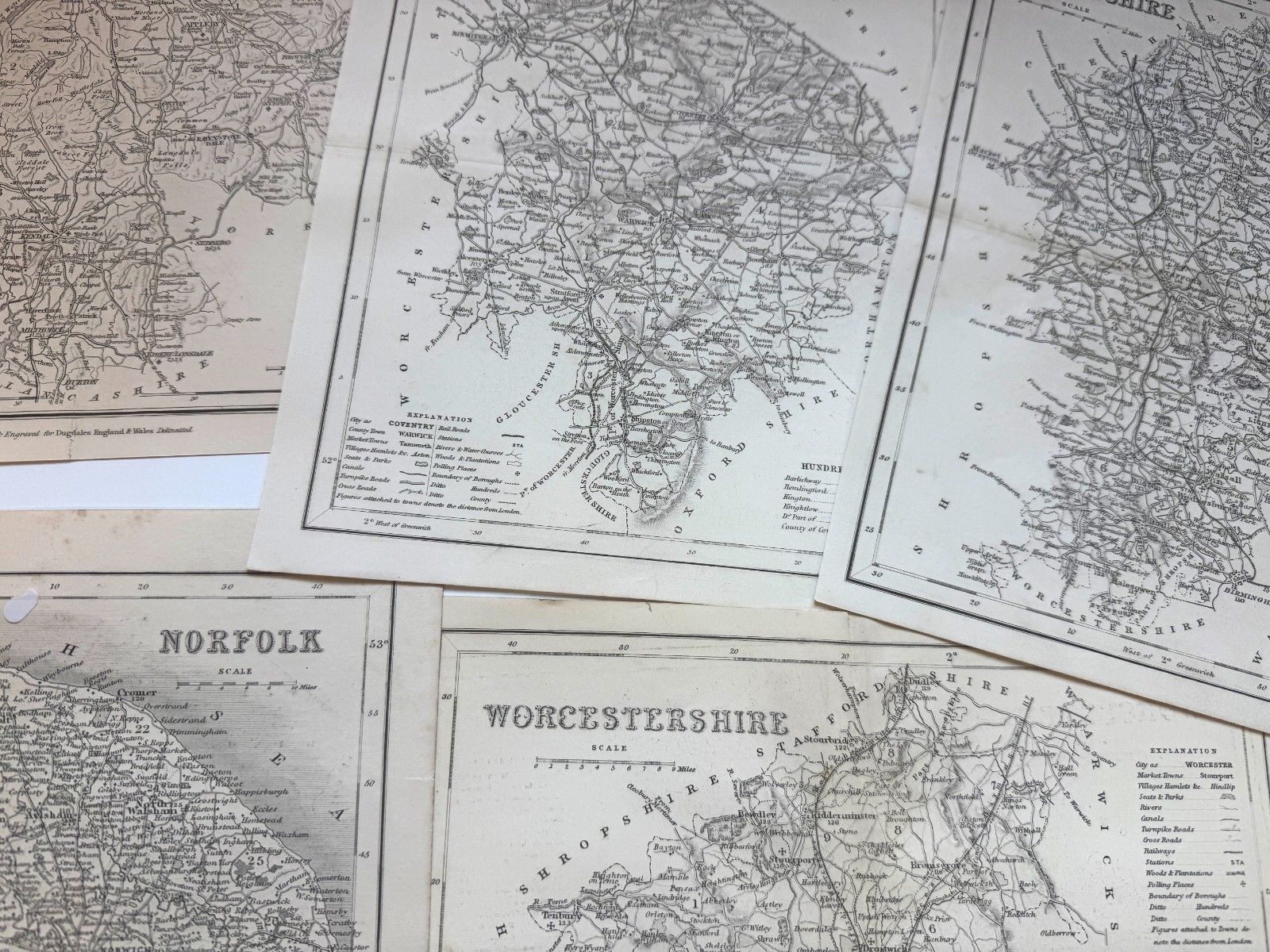 1860 Joshua Archer maps Norfolk Stafford Warwick Westmorland 7×9 inch [33406]