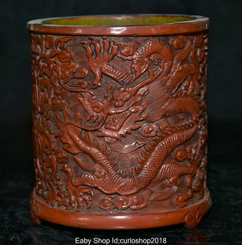 5.4″ Marked Antique China Red Lacquerware Dynasty Dragon Brush Pot Pencil Vase