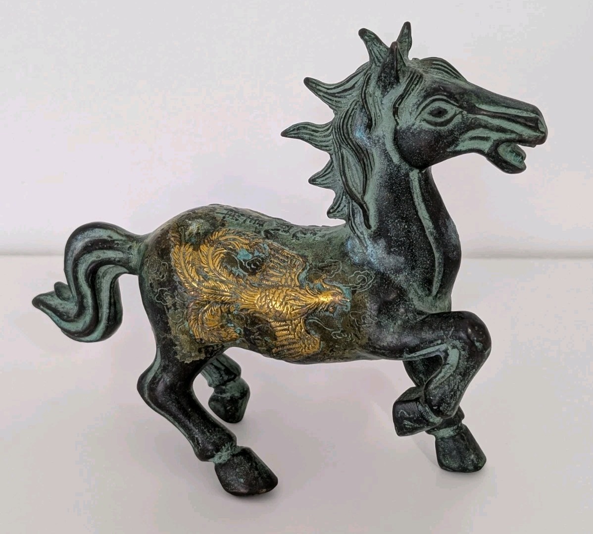 Bronze Gilt Horse Zodiac Dragon Phoenix Tang Statue Signed