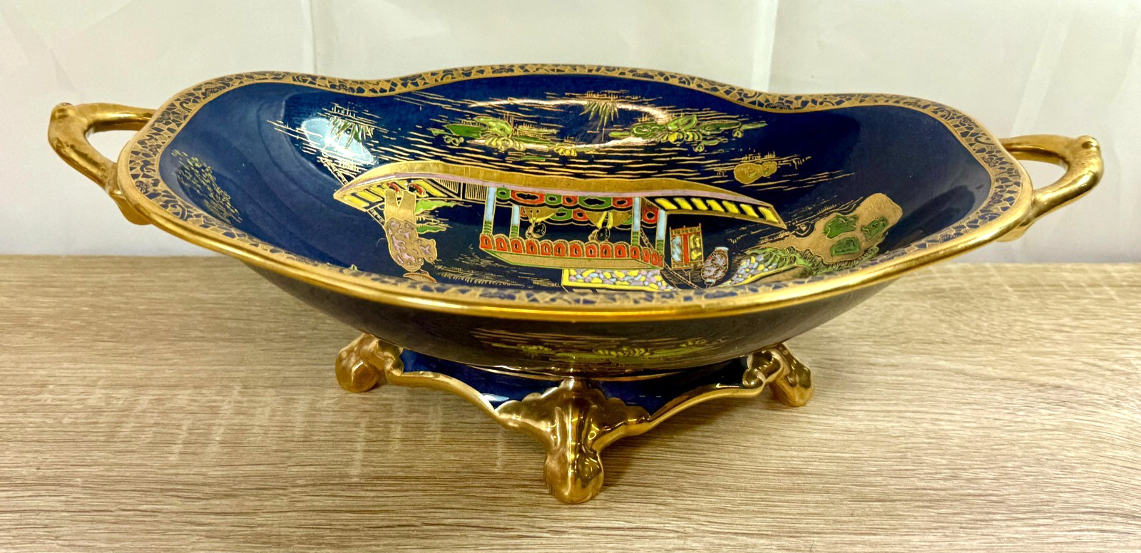 Carlton Ware Chinoiserie Blue & Gilt Footed Bowl Twin Handled Dish c1925 England