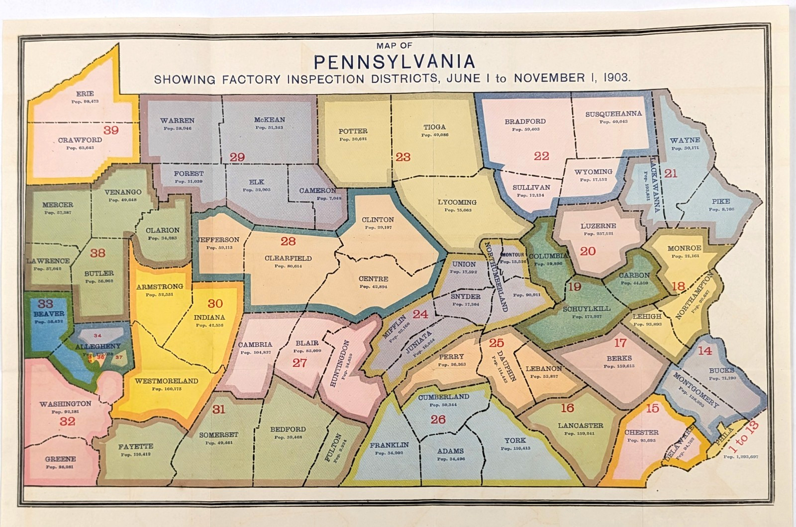 1903 PENNSYLVANIA Map Factory Inspections Counties ORIGINAL