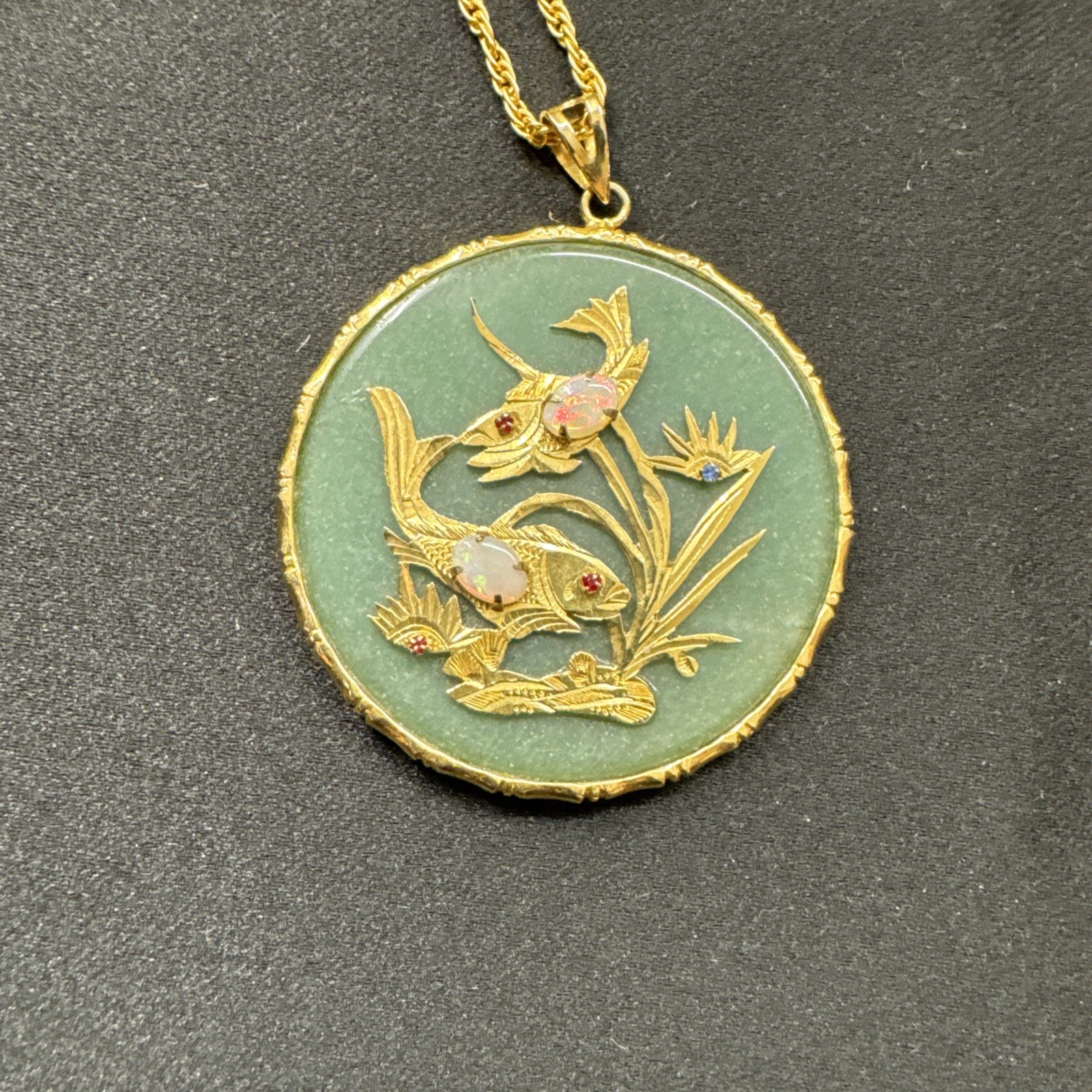 Vintage Chinese Chain & Jade Pendant w Fish Bamboo Necklace Semi Precious Stones