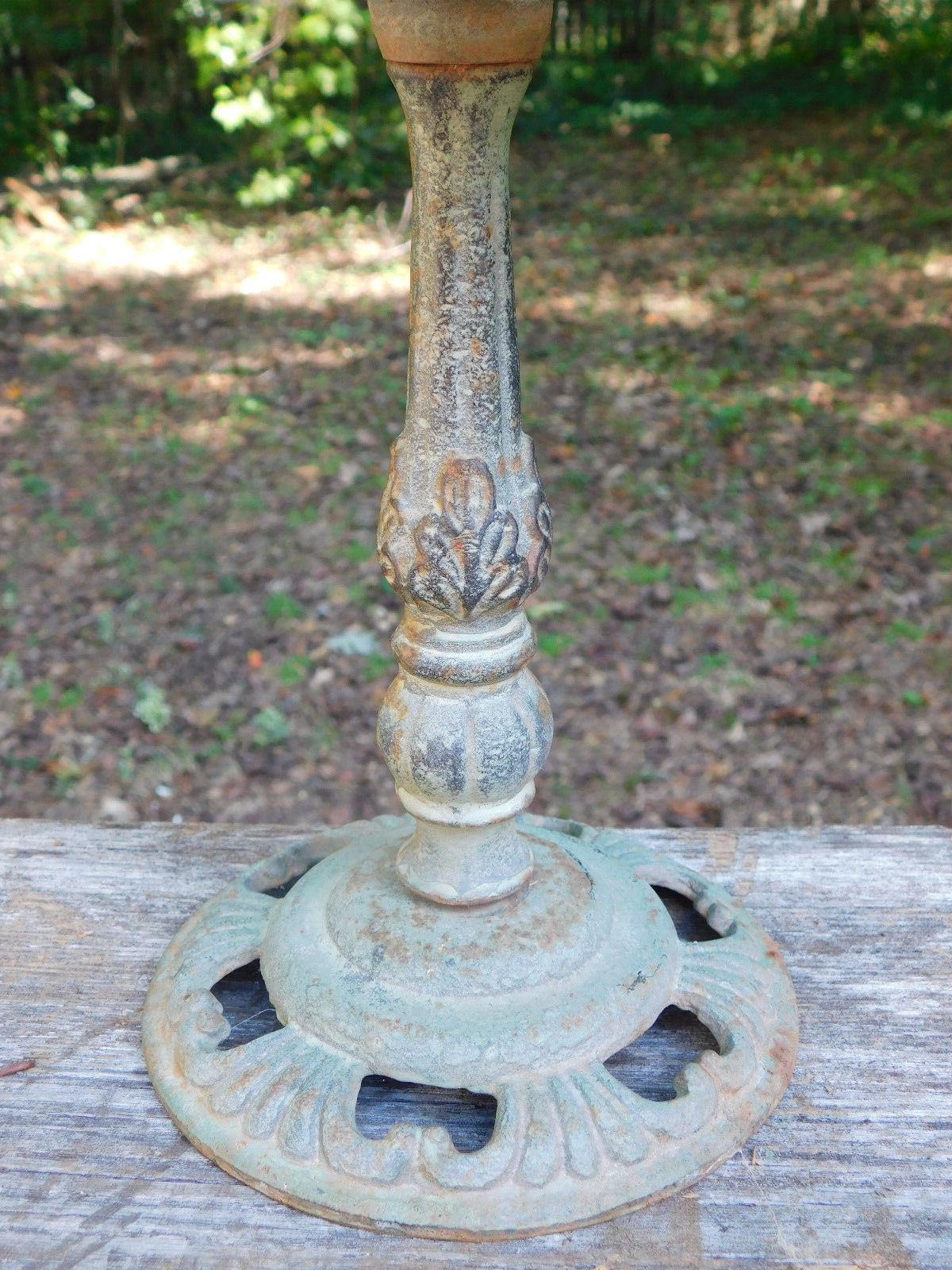 Antique Cast Iron Small Bird Bath Green Patina Ornate 9.5″ high 5.6 lbs