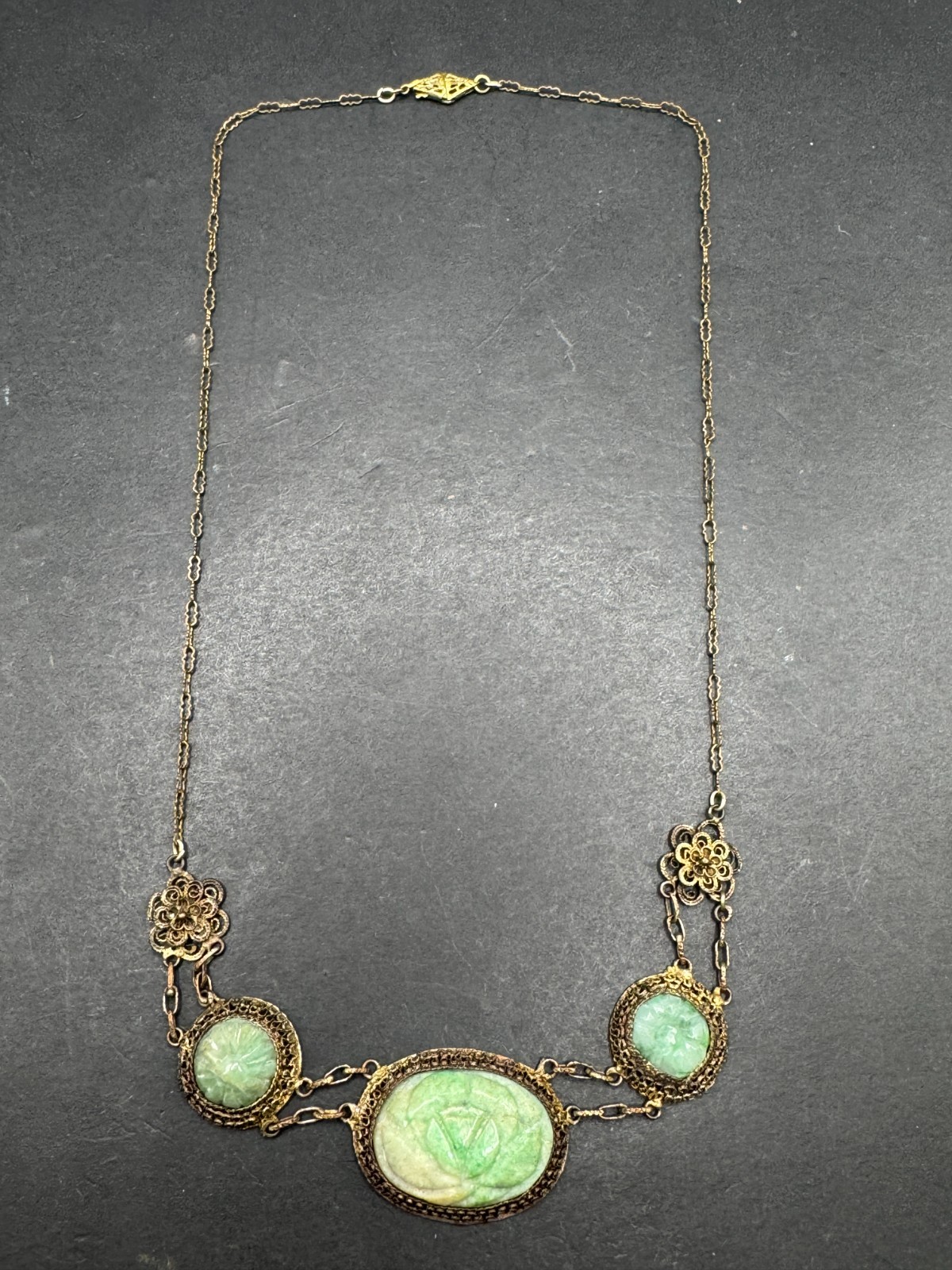 Carved Jade Silver Filigree Necklace Oriental