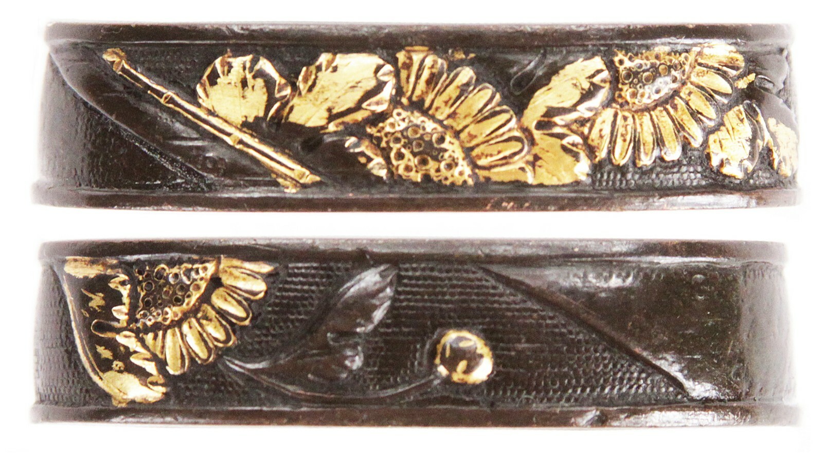 Antique Japanese Shakudo Fuchi Gold Flowers Sword Fitting Tsuka Koshirae Samurai