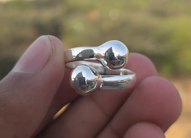 Minimalist Sterling Silver Open Ring with Ball Ends Adjustable Silver Band Ring