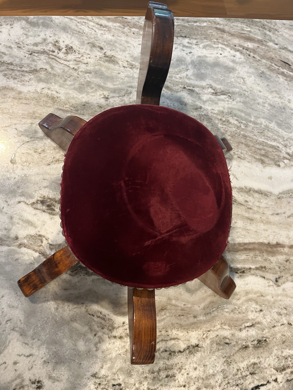 1950s Mid Century Boho Turtle Footstool Pine Wood Red Velvet Cushion Vintage