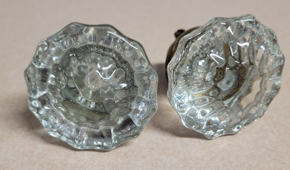 Pair of Antique 12 Point 2″ Glass Doorknobs Brass Caps