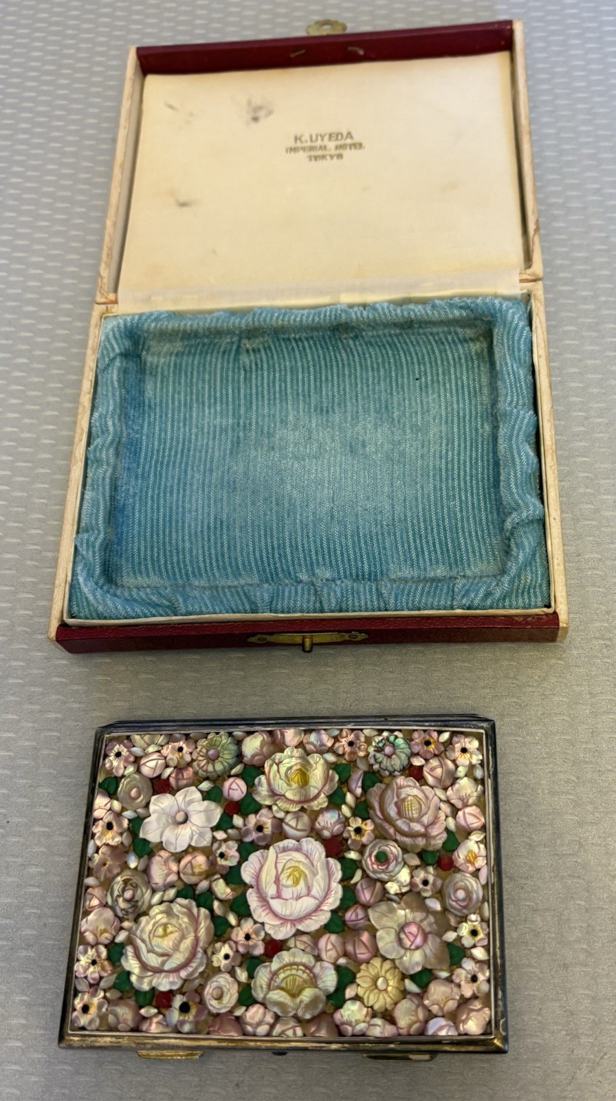 K. UYEDA 950 Silver MOP Compact Imperial Hotel Tokyo Box Japanese Shibayama