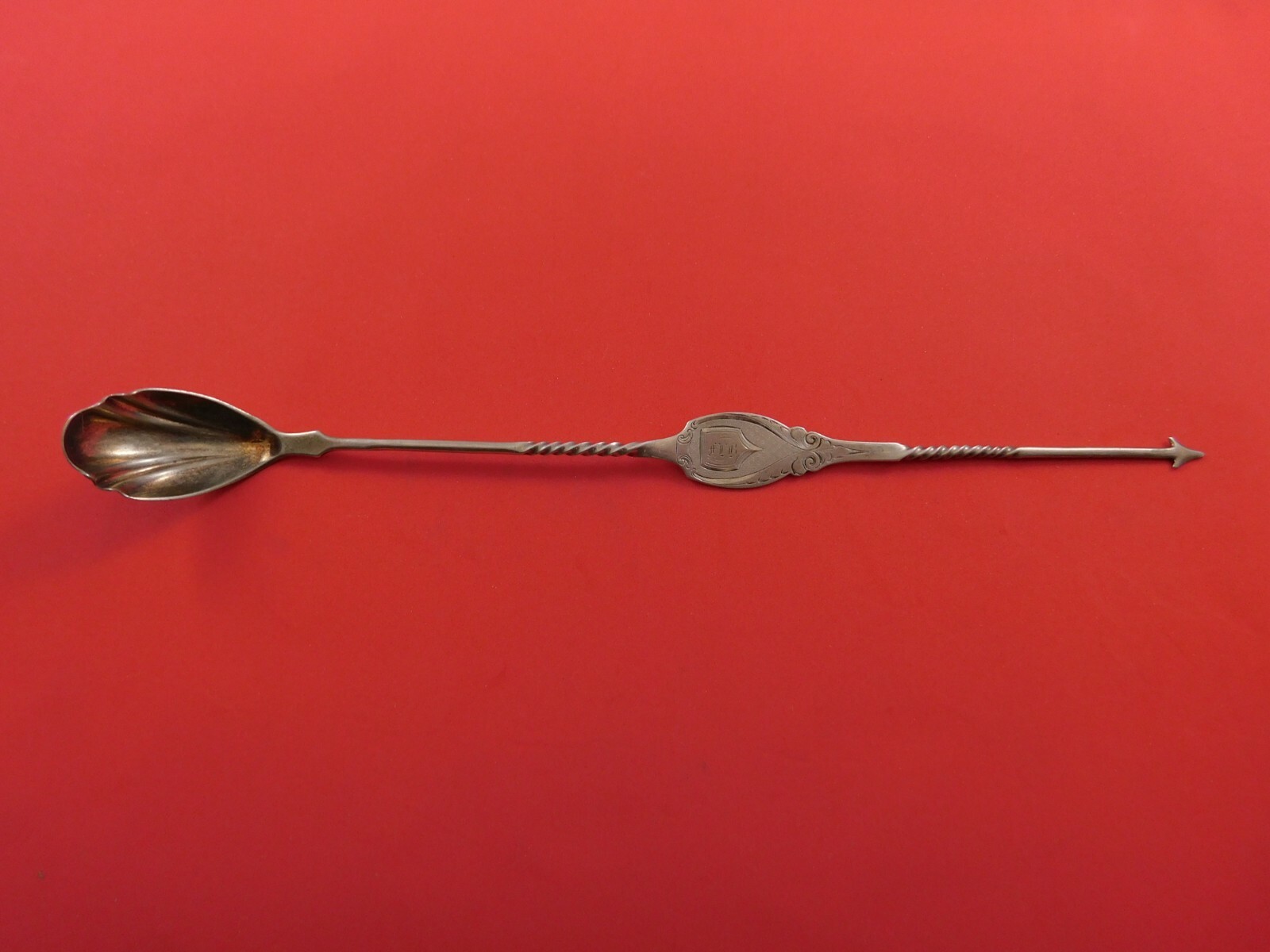 Coin Silver Olive Spoon / Pickle Spear Combination Bright-Cut Twisted 9 7/8″