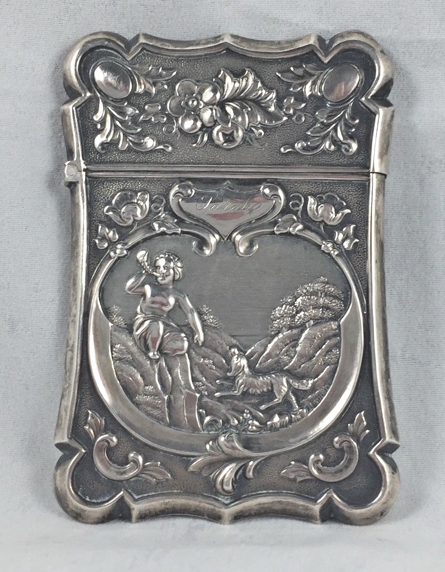 Great Gorham Coin Silver Figural Cherub & Dog Card Case- 3 3/8″ x 2 1/8″ -Mono’d