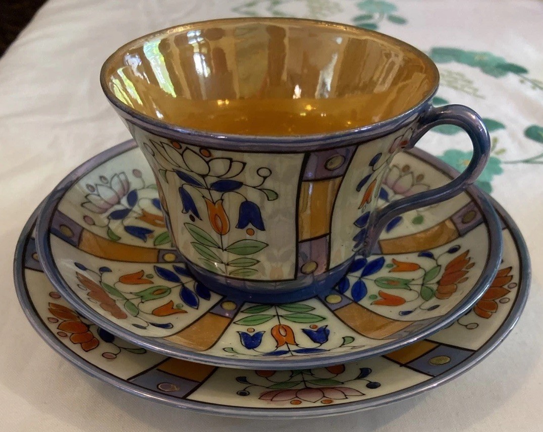 Art Deco Vintage Japanese Lustreware Trio Cup Saucer Tea Plate Hand Painted
