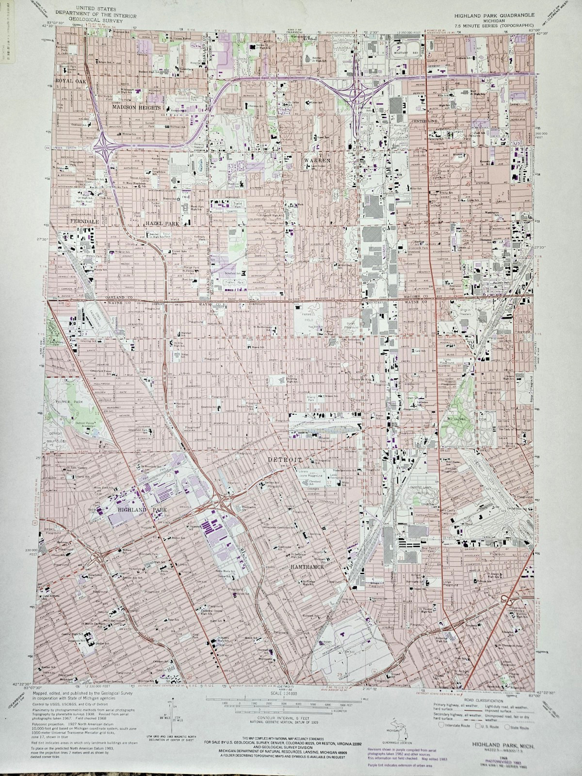VINTAGE 1968 USGS 27X22″ MAP OF HIGHLAND PARK MICHIGAN REVISED IN 1983