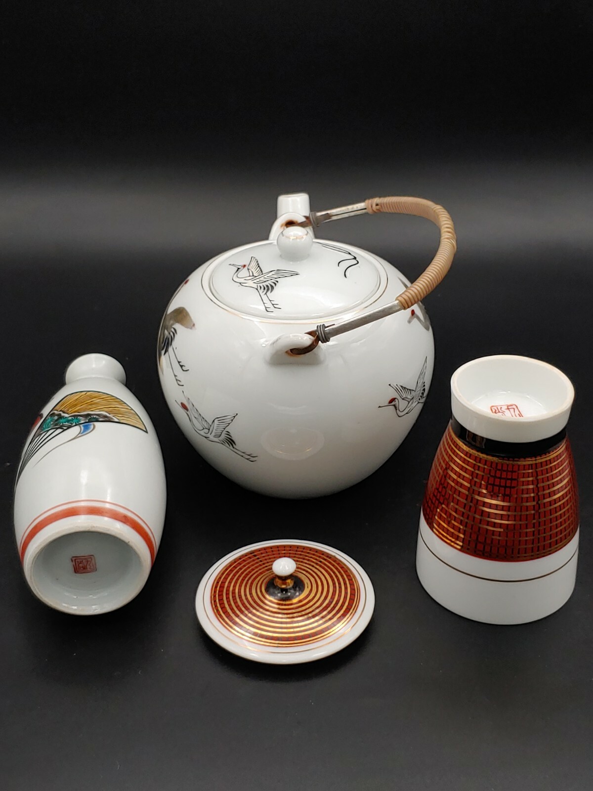 民国三贵手绘仙鹤茶壶九谷烧瓷器 Antique China Teapot Japan Kutani Porcelain Cup Sake Wine Bottle