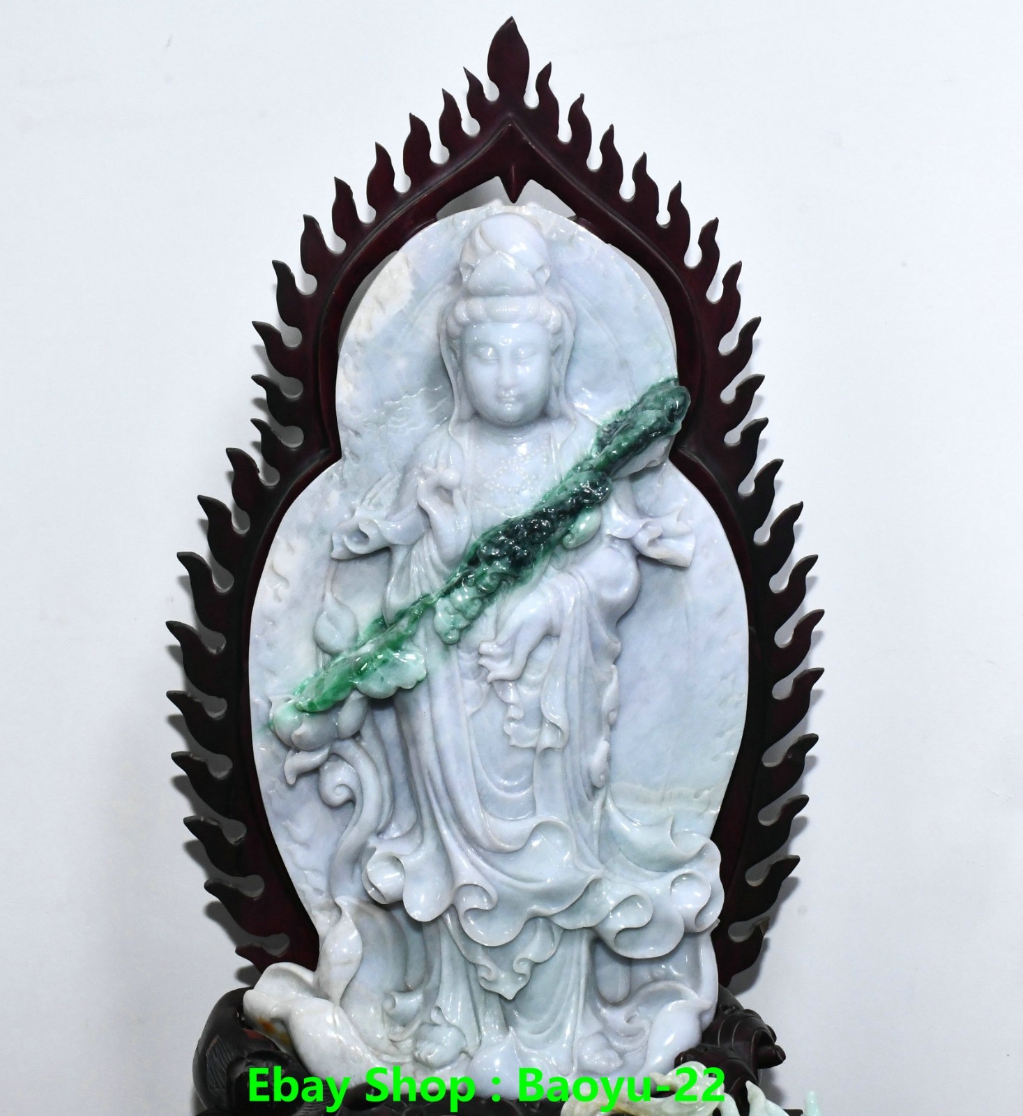 26”Natural Emerald Jadeite Jade Lotus Kwan-yin GuanYin Quanyin Buddha Statue