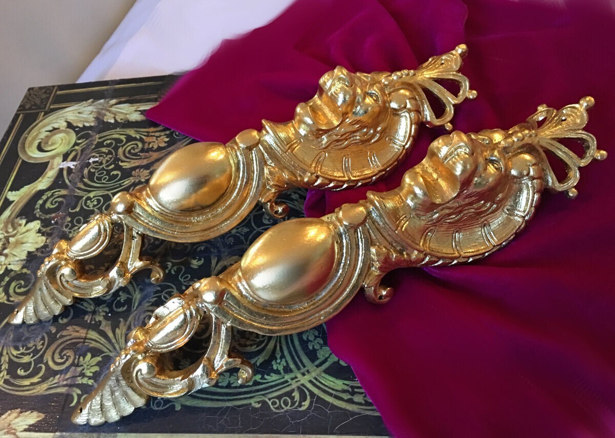 Antique French Empire Style Ormolu Bronze Lion Furniture Leg Mount Pediment x 2