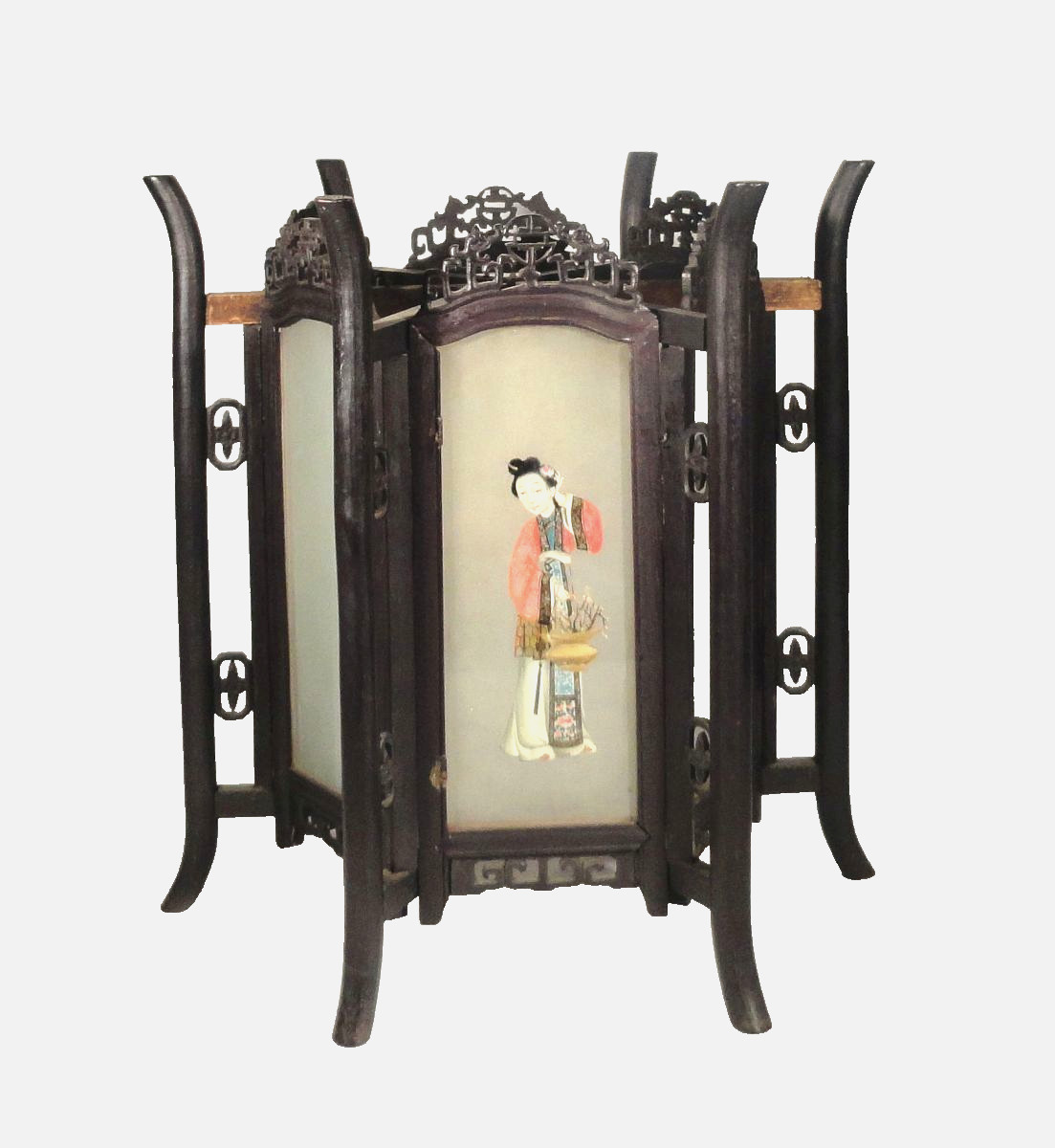 Antique Chinese Carved Zitan Lantern Hardwood Glass Panels Ladies Lamp
