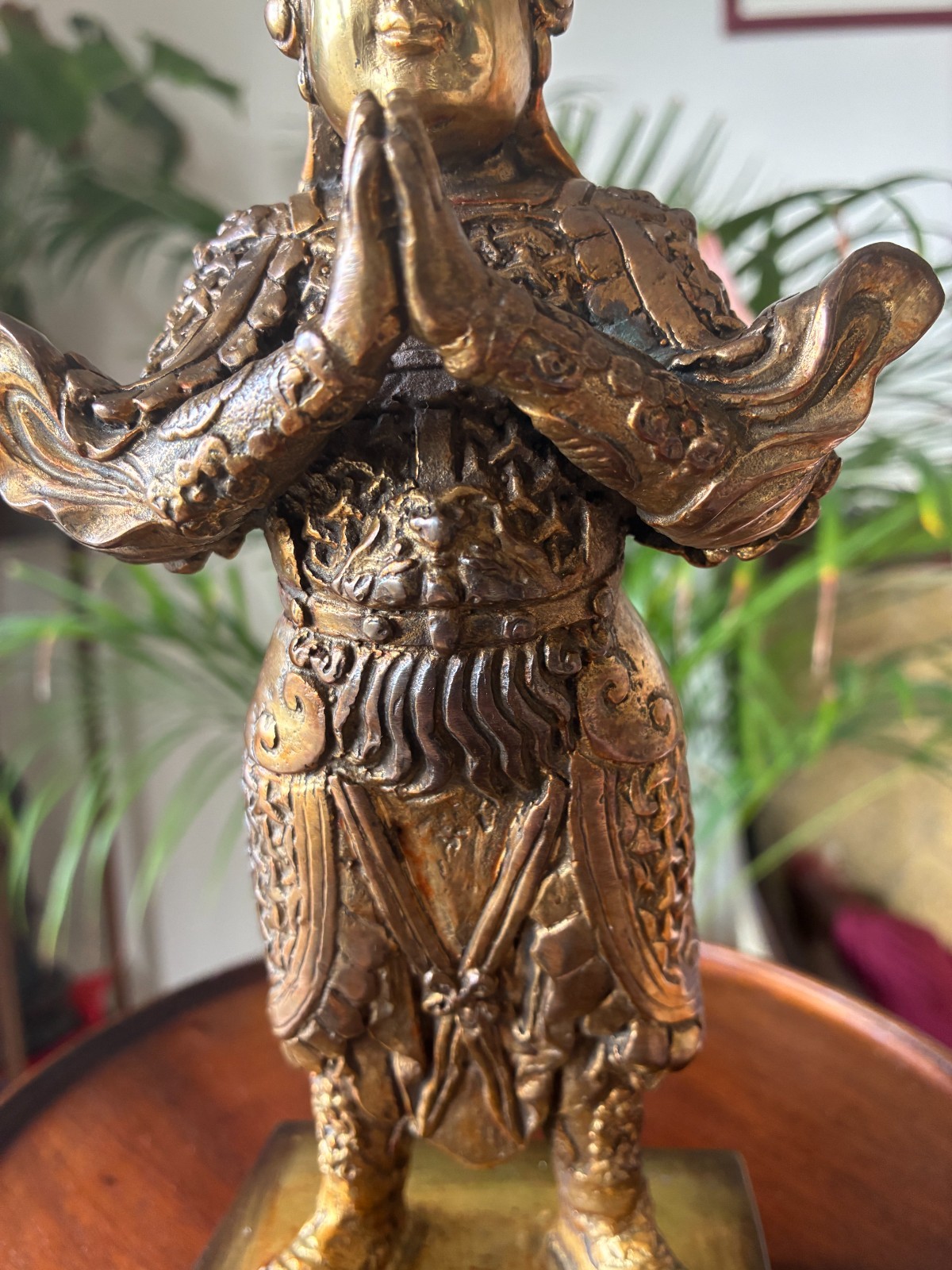 Antique Chinese gilt bronze figure of Buddhist Guardian Weituo Pusa, 23.5cm high