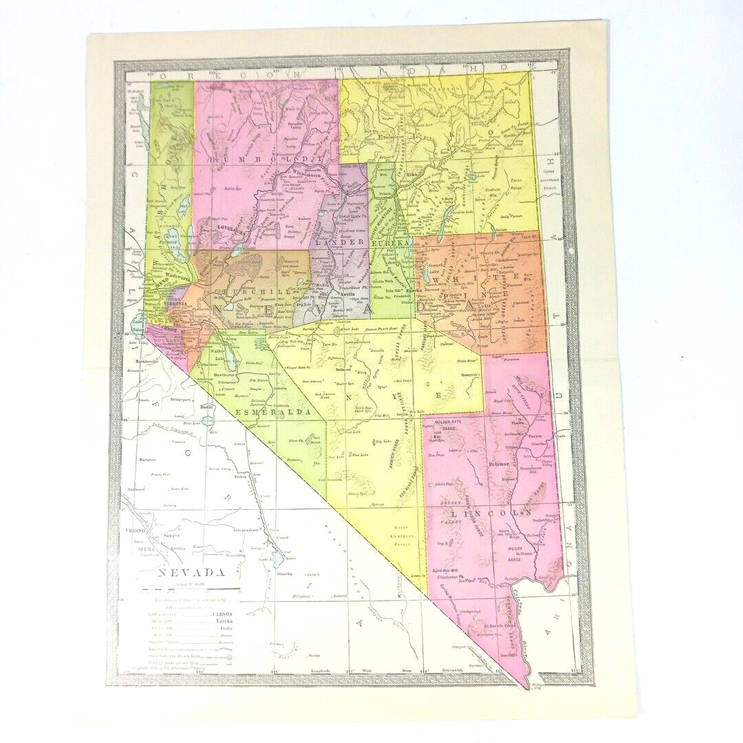 Antique 1904 Nevada Color Map Atlas Book Illustration Plate