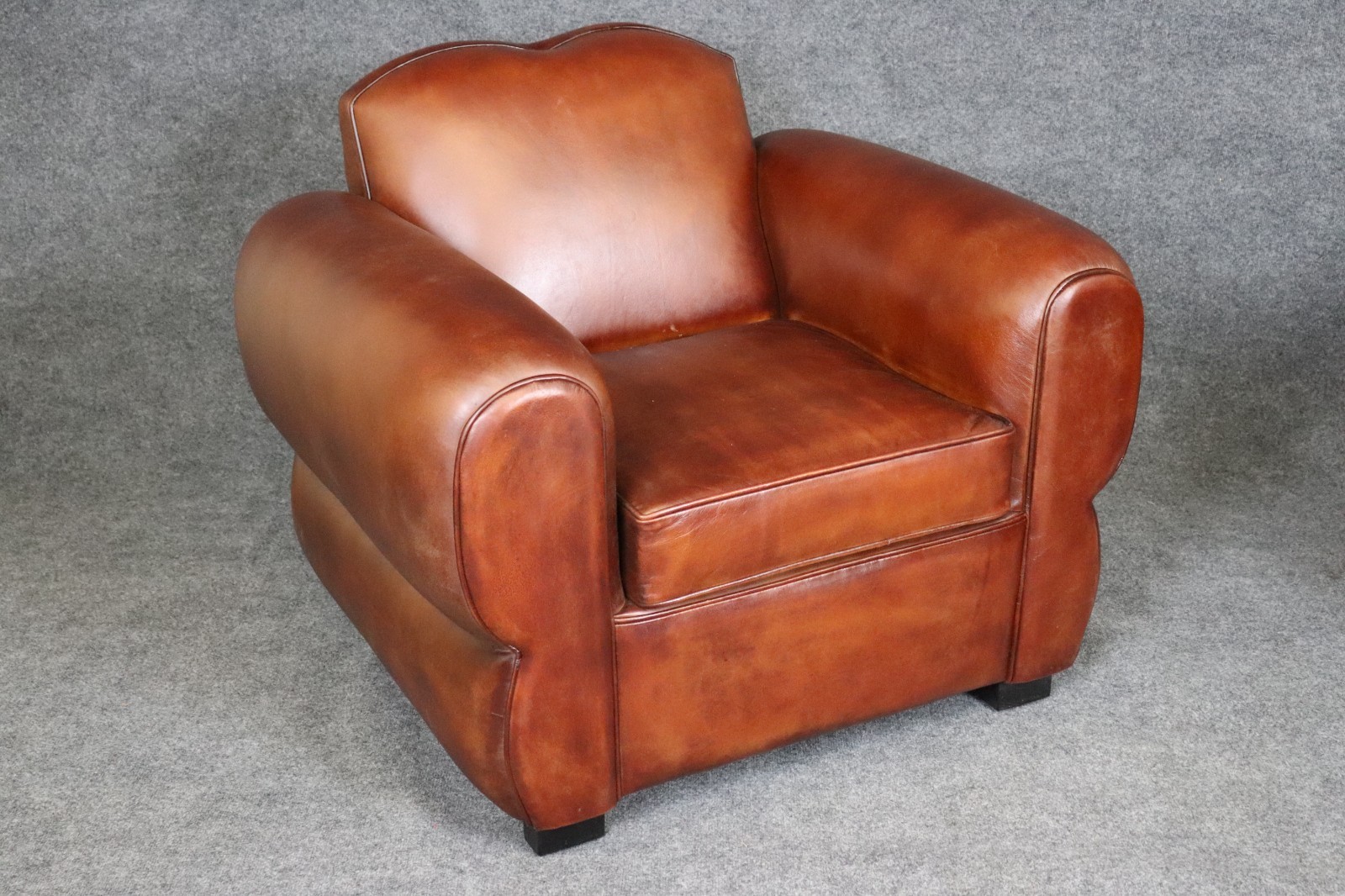 Pair Restored French Art Deco Style Leather Distressed Moustache Club Chairs