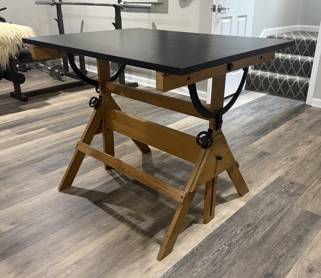 VINTAGE CAST IRON AND WOOD DRAFTING TABLE/DESK C.1950 41×32″ rare Adjustable