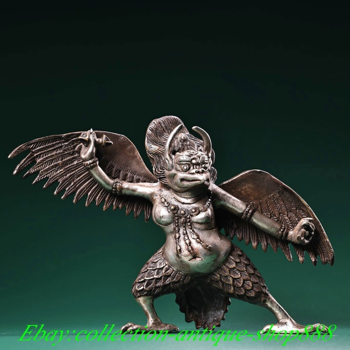 Old Tibet Buddhism Copper Silver Redpoll Winged Garuda Bird Eagle Buddha Statue