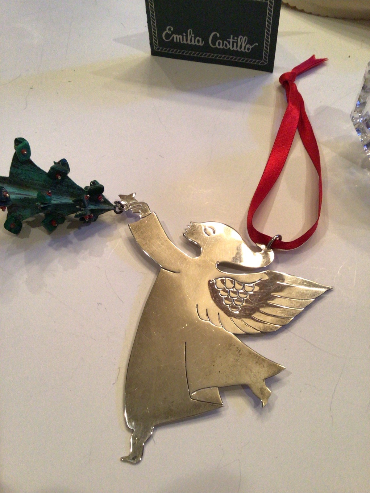 LARGE EMILIA CASTILLO STERLING CHRISTMAS ANGEL &TREE ORNAMENT NEIMAN MARCUS NOS