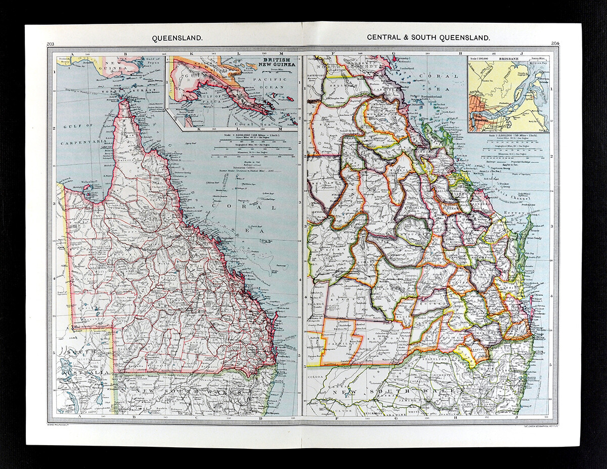 1907 Phillips Map Australia Queensland Brisbane Cape York Port Douglas Bamaga
