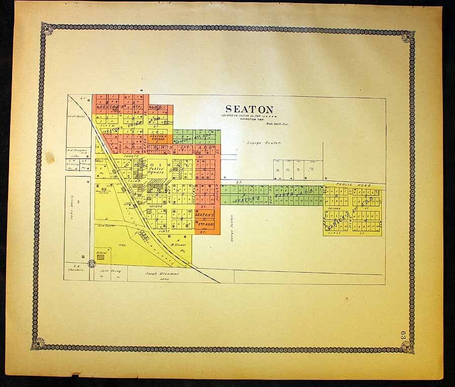 1904 Town of Seaton Plat Map Mercer County Illinois Abington Township